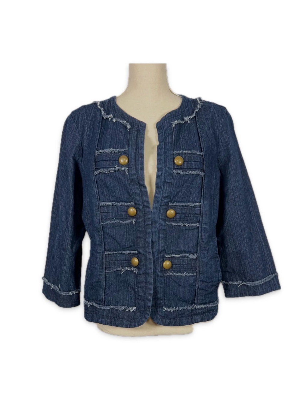 Baccini Denim Jacket Womens L Distressed Trim 3/4 Sleeve Dark Wash Jean Coat